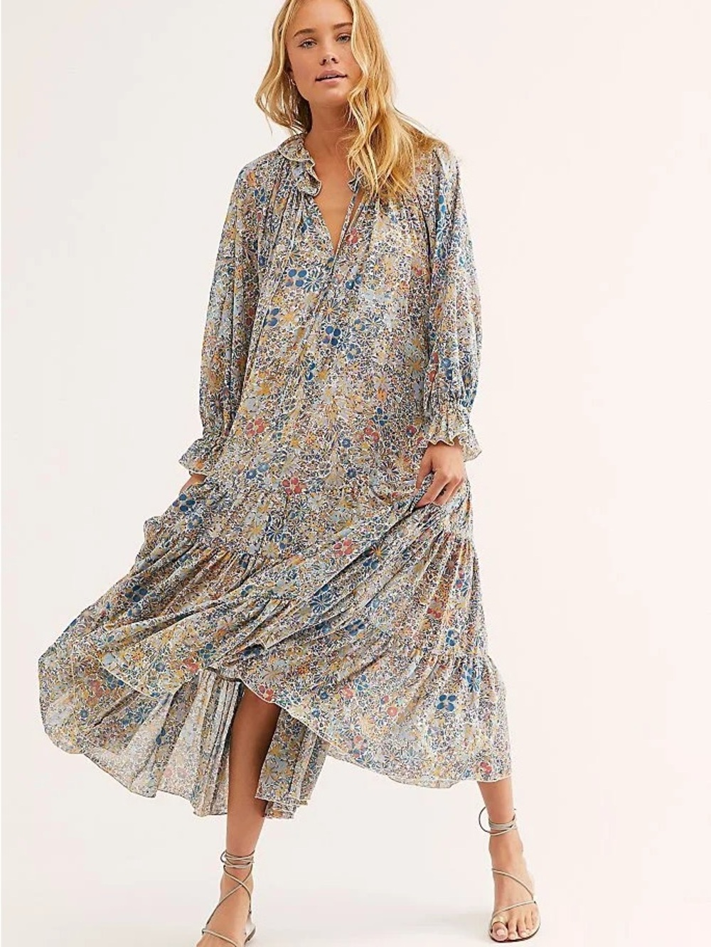 Free People Feeling Groovy - Floral Tiered Maxi Dress in Blue and Cream